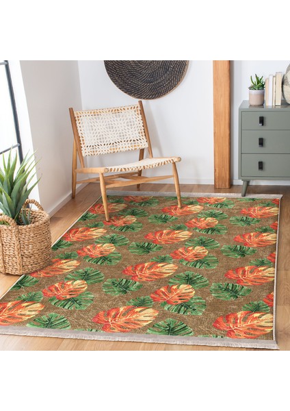 Hasır Zeminde Egzotik Yapraklar Motifli Turuncu ve Yeşil Lotus Desenli Floral Summer & Fresh Dış Mekan & Outdoor Yatak Odası Dijital Baskılı Makinede Yıkanabilir Kaymaz Taban Saçaklı Halı modelleri