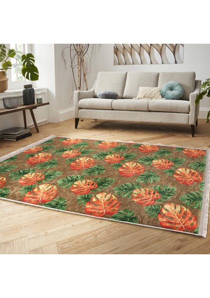 Hasır Zeminde Egzotik Yapraklar Motifli Turuncu ve Yeşil Lotus Desenli Floral Summer & Fresh Dış Mekan & Outdoor Yatak Odası Dijital Baskılı Makinede Yıkanabilir Kaymaz Taban Saçaklı Halı indirimleri