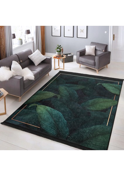 Koyu Lacivert Zeminde Çerçeve Motifli Koyu Yapraklı Desenli Floral Summer & Fresh Dış Mekan & Outdoor Balkon Dijital Baskılı Makinede Yıkanabilir Kaymaz Taban Saçaklı Halı