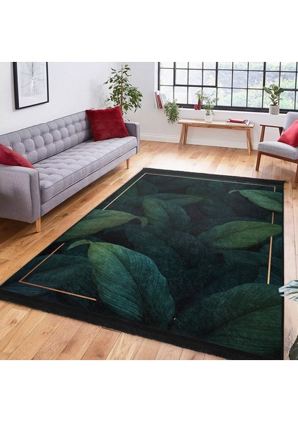 Koyu Lacivert Zeminde Çerçeve Motifli Koyu Yapraklı Desenli Floral Summer & Fresh Dış Mekan & Outdoor Balkon Dijital Baskılı Makinede Yıkanabilir Kaymaz Taban Saçaklı Halı fiyatları