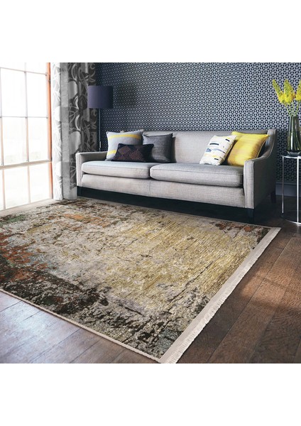 Renkli Zeminde Halı Motifli Modern Desenli Vintage Eskitme Motifli Dijital Baskılı Makinede Yıkanabilir Kaymaz Taban Saçaklı Halı
