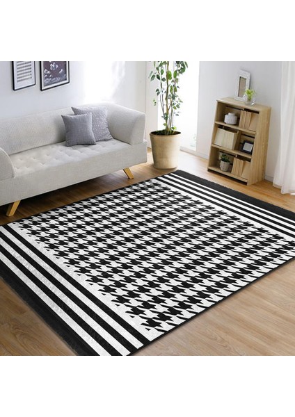 Siyah - Beyaz Zeminde Kazayağı Motifli Geometrik Desenli Geometrik Klasik Dijital Baskılı Makinede Yıkanabilir Kaymaz Taban Saçaklı Halı fiyatları