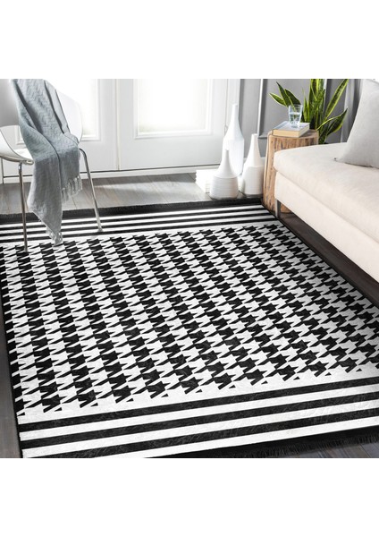 Siyah - Beyaz Zeminde Kazayağı Motifli Geometrik Desenli Geometrik Klasik Dijital Baskılı Makinede Yıkanabilir Kaymaz Taban Saçaklı Halı modelleri