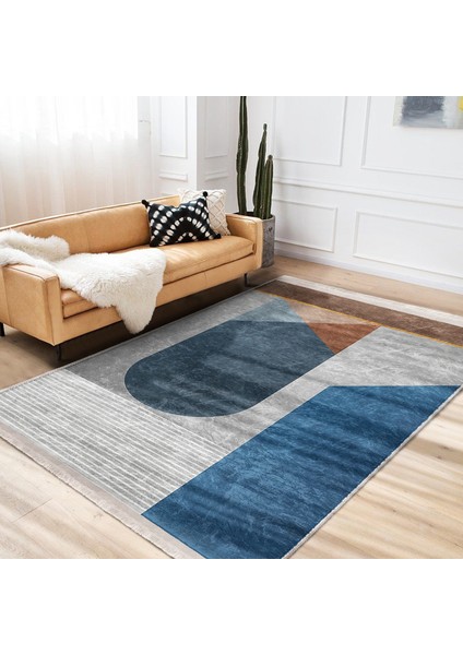 Mavi Zeminde Geometrik Motifli Modern Sanat Desenli Geometrik Dijital Baskılı Makinede Yıkanabilir Kaymaz Taban Saçaklı Halı