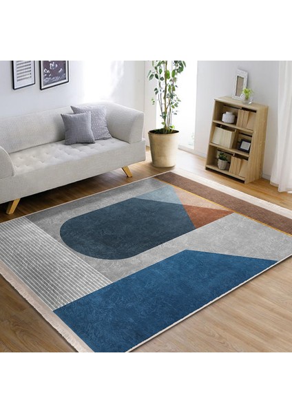 Mavi Zeminde Geometrik Motifli Modern Sanat Desenli Geometrik Dijital Baskılı Makinede Yıkanabilir Kaymaz Taban Saçaklı Halı modelleri