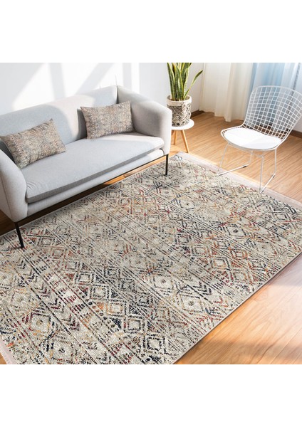Krem Zeminde Bohem Motifli Eskitme Desenli Etnik Motifler Vintage Dijital Baskılı Makinede Yıkanabilir Kaymaz Taban Saçaklı Halı indirimleri