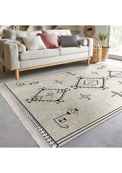 Bej Zeminde Bohem Motifli Kilim Desenli Etnik Motifler Dijital Baskılı Makinede Yıkanabilir Kaymaz Taban Saçaklı Halı fiyatları
