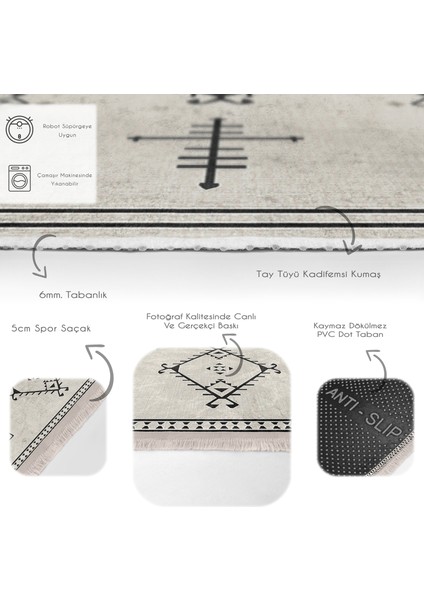 Bej Zeminde Bohem Motifli Kilim Desenli Etnik Motifler Dijital Baskılı Makinede Yıkanabilir Kaymaz Taban Saçaklı Halı fırsatları
