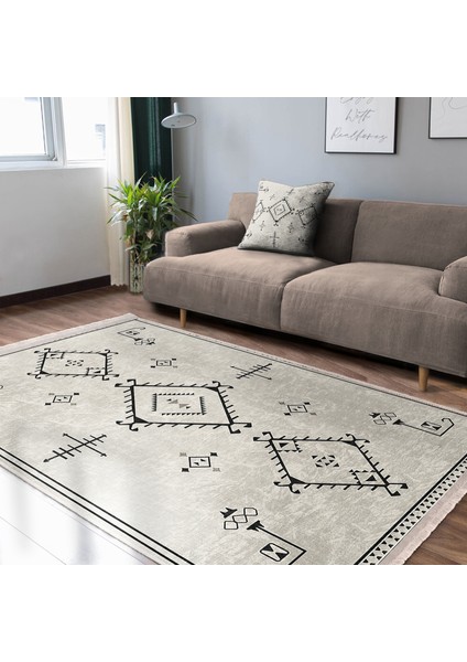 Bej Zeminde Bohem Motifli Kilim Desenli Etnik Motifler Dijital Baskılı Makinede Yıkanabilir Kaymaz Taban Saçaklı Halı indirimleri