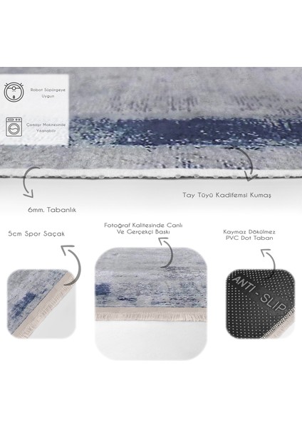 Gri - Mavi Zeminde Çerçeveli Motifli Eskitme Desenli Eskitme Motifli Dijital Baskılı Makinede Yıkanabilir Kaymaz Taban Saçaklı Halı