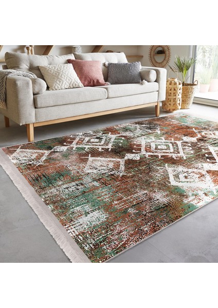 Yeşil - Kremit Zeminde Etnik Motifli Kilim Desenli Eskitme Motifli Etnik Motifler Dijital Baskılı Makinede Yıkanabilir Kaymaz Taban Saçaklı Halı fiyatları