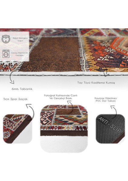 Kırmızı Zeminde Patchwork Motifli Etnik Desenli Etnik Motifler Vintage Dijital Baskılı Makinede Yıkanabilir Kaymaz Taban Saçaklı Halı fırsatları