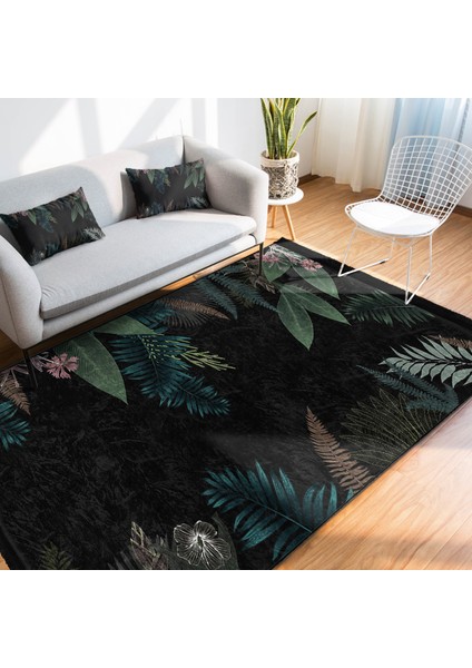 Siyah Zeminde Çiçek Motifli Yapraklar Desenli Floral Dijital Baskılı Makinede Yıkanabilir Kaymaz Taban Saçaklı Halı
