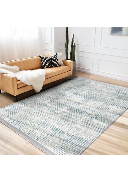 Krem - Mavi Zeminde Eskitme Motifli Retro Desenli Eskitme Motifli Dijital Baskılı Makinede Yıkanabilir Kaymaz Taban Saçaklı Halı fiyatları