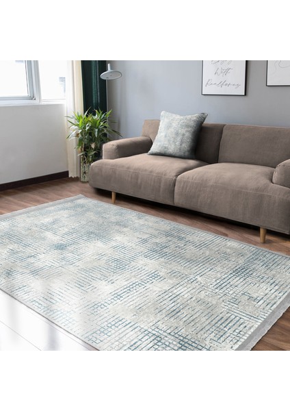 Krem - Mavi Zeminde Eskitme Motifli Retro Desenli Eskitme Motifli Dijital Baskılı Makinede Yıkanabilir Kaymaz Taban Saçaklı Halı modelleri