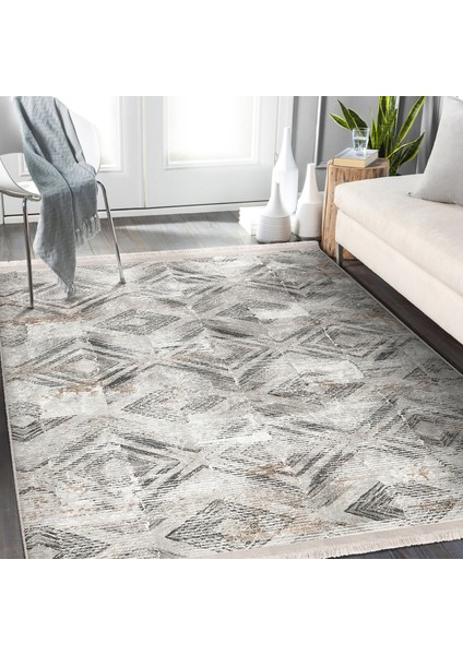 Krem - Gri Zeminde Eskitme Motifli Etnik Desenli Eskitme Motifli Geometrik Baskılı Makinede Yıkanabilir Kaymaz Taban Saçaklı Halı modelleri