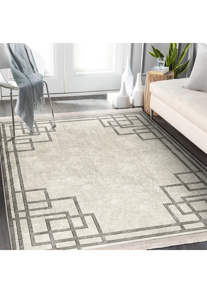 Krem Zeminde Kilim Motifli Çerçeve Desenli Geometrik Klasik Dijital Baskılı Makinede Yıkanabilir Kaymaz Taban Saçaklı Halı