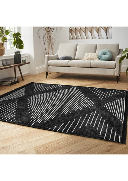 Siyah Zeminde Tribal Motifli El Dokuma Desenli Geometrik Dijital Baskılı Makinede Yıkanabilir Kaymaz Taban Saçaklı Halı modelleri