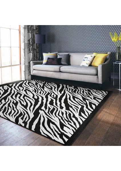 Siyah - Beyaz Zeminde Post Motifli Zebra Desenli Klasik Dış Mekan & Outdoor Yatak Odası Dijital Baskılı Makinede Yıkanabilir Kaymaz Taban Saçaklı Halı indirimleri