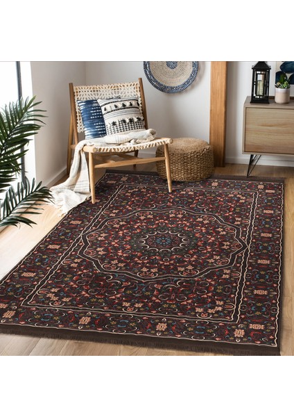 Kahverengi Zeminde Kilim Motifli Etnik Desenli Etnik Motifler Vintage Dış Mekan & Outdoor Yatak Odası Dijital Baskılı Makinede Yıkanabilir Kaymaz Taban Saçaklı Halı