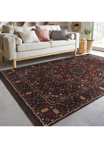 Kahverengi Zeminde Kilim Motifli Etnik Desenli Etnik Motifler Vintage Dış Mekan & Outdoor Yatak Odası Dijital Baskılı Makinede Yıkanabilir Kaymaz Taban Saçaklı Halı modelleri