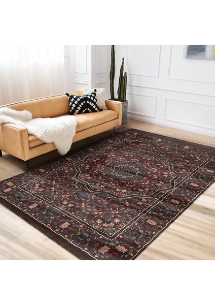 Kahverengi Zeminde Kilim Motifli Etnik Desenli Etnik Motifler Vintage Dış Mekan & Outdoor Yatak Odası Dijital Baskılı Makinede Yıkanabilir Kaymaz Taban Saçaklı Halı indirimleri