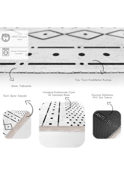 Beyaz Zeminde Iskandinav Motifli Geleneksel Desenli Geometrik Dijital Baskılı Makinede Yıkanabilir Kaymaz Taban Saçaklı Halı