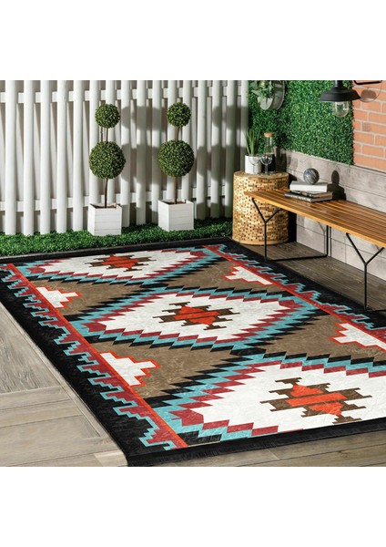 Krem - Ekru Zeminde Kilim Motifli Geleneksel Desenli Geometrik Etnik Motifler Dijital Baskılı Makinede Yıkanabilir Kaymaz Taban Saçaklı Halı modelleri