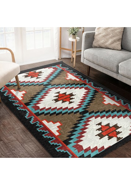 Krem - Ekru Zeminde Kilim Motifli Geleneksel Desenli Geometrik Etnik Motifler Dijital Baskılı Makinede Yıkanabilir Kaymaz Taban Saçaklı Halı indirimleri