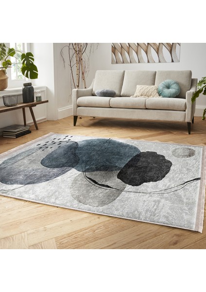 Ekru Zeminde Modern Sanat Motifli Siyah Mavi Yağlıboya Desenli Bohem Klasik Dijital Baskılı Makinede Yıkanabilir Kaymaz Taban Saçaklı Halı