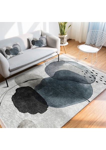 Ekru Zeminde Modern Sanat Motifli Siyah Mavi Yağlıboya Desenli Bohem Klasik Dijital Baskılı Makinede Yıkanabilir Kaymaz Taban Saçaklı Halı