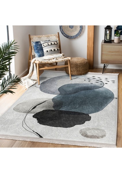 Ekru Zeminde Modern Sanat Motifli Siyah Mavi Yağlıboya Desenli Bohem Klasik Dijital Baskılı Makinede Yıkanabilir Kaymaz Taban Saçaklı Halı