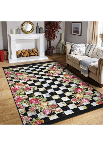 Damalı Zeminde Damask Motifli Çiçek Desenli Floral Geometrik Dijital Baskılı Makinede Yıkanabilir Kaymaz Taban Saçaklı Halı