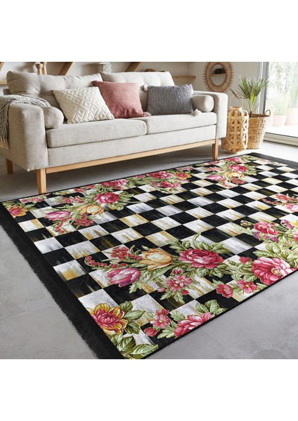 Damalı Zeminde Damask Motifli Çiçek Desenli Floral Geometrik Dijital Baskılı Makinede Yıkanabilir Kaymaz Taban Saçaklı Halı fiyatları