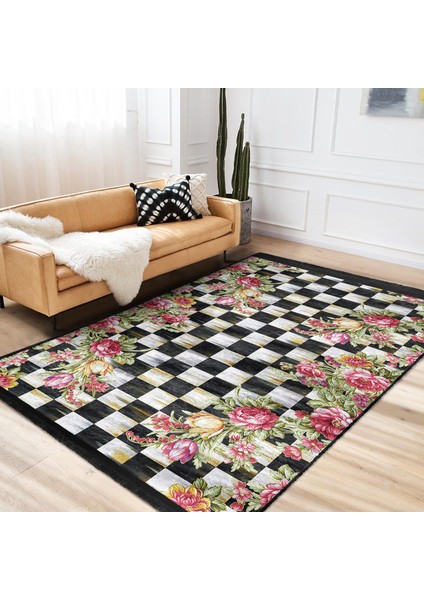Damalı Zeminde Damask Motifli Çiçek Desenli Floral Geometrik Dijital Baskılı Makinede Yıkanabilir Kaymaz Taban Saçaklı Halı modelleri