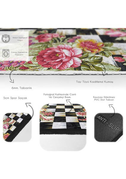 Damalı Zeminde Damask Motifli Çiçek Desenli Floral Geometrik Dijital Baskılı Makinede Yıkanabilir Kaymaz Taban Saçaklı Halı fırsatları