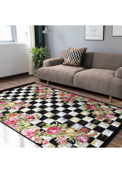 Damalı Zeminde Damask Motifli Çiçek Desenli Floral Geometrik Dijital Baskılı Makinede Yıkanabilir Kaymaz Taban Saçaklı Halı indirimleri
