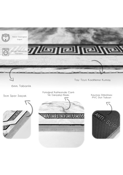 Siyah - Füme Zeminde Dokuma Halı Motifli Mermer Desenli Klasik Dijital Baskılı Makinede Yıkanabilir Kaymaz Taban Saçaklı Halı