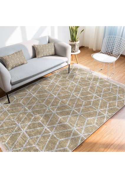 Krem Zeminde Geometrik Motifli Eskitme Desenli Geometrik Dijital Baskılı Makinede Yıkanabilir Kaymaz Taban Saçaklı Halı modelleri