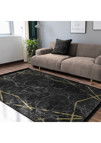 Siyah - Gold Zeminde Çerçeveli Motifli Mermer Desenli Geometrik Klasik Dijital Baskılı Makinede Yıkanabilir Kaymaz Taban Saçaklı Halı