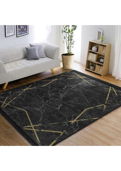 Siyah - Gold Zeminde Çerçeveli Motifli Mermer Desenli Geometrik Klasik Dijital Baskılı Makinede Yıkanabilir Kaymaz Taban Saçaklı Halı