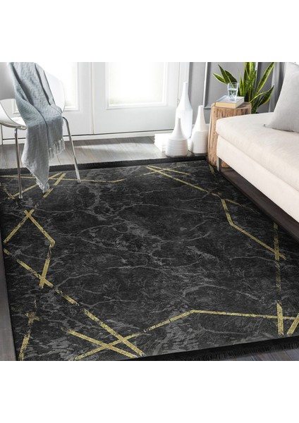 Siyah - Gold Zeminde Çerçeveli Motifli Mermer Desenli Geometrik Klasik Dijital Baskılı Makinede Yıkanabilir Kaymaz Taban Saçaklı Halı modelleri
