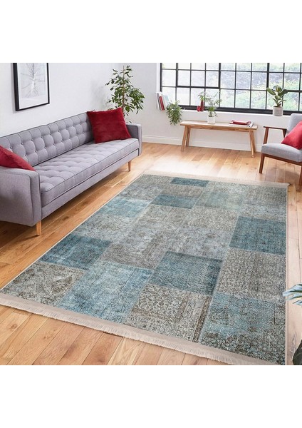 Krem - Mavi Zeminde Patchwork Motifli Geleneksel Desenli Vintage Klasik Dijital Baskılı Makinede Yıkanabilir Kaymaz Taban Saçaklı Halı