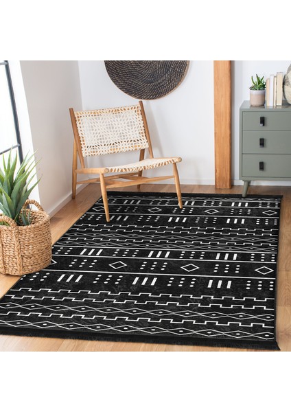 Siyah - Beyaz Zeminde Iskandinav Motifli Geometrik Desenli Geometrik Etnik Motifler Dijital Baskılı Makinede Yıkanabilir Kaymaz Taban Saçaklı Halı fiyatları