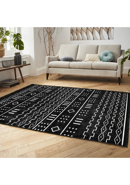 Siyah - Beyaz Zeminde Iskandinav Motifli Geometrik Desenli Geometrik Etnik Motifler Dijital Baskılı Makinede Yıkanabilir Kaymaz Taban Saçaklı Halı modelleri
