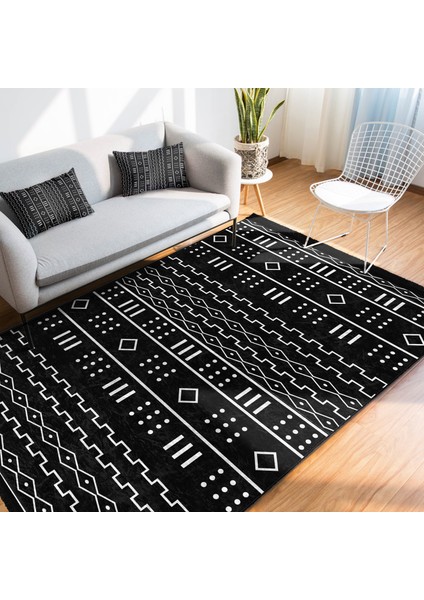 Siyah - Beyaz Zeminde Iskandinav Motifli Geometrik Desenli Geometrik Etnik Motifler Dijital Baskılı Makinede Yıkanabilir Kaymaz Taban Saçaklı Halı indirimleri