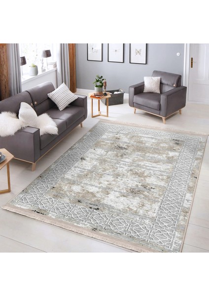 Gri - Krem Zeminde Gri Çerçeve Motifli Eskitme Desenli Geometrik Eskitme Motifli Dijital Baskılı Makinede Yıkanabilir Kaymaz Taban Saçaklı Halı