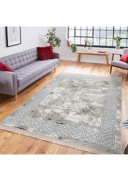 Gri - Krem Zeminde Gri Çerçeve Motifli Eskitme Desenli Geometrik Eskitme Motifli Dijital Baskılı Makinede Yıkanabilir Kaymaz Taban Saçaklı Halı fiyatları