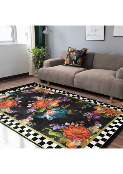 Siyah Zeminde Dama Motifli Çiçek Desenli Floral Geometrik Dijital Baskılı Makinede Yıkanabilir Kaymaz Taban Saçaklı Halı