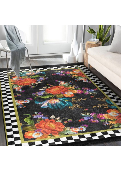 Siyah Zeminde Dama Motifli Çiçek Desenli Floral Geometrik Dijital Baskılı Makinede Yıkanabilir Kaymaz Taban Saçaklı Halı modelleri